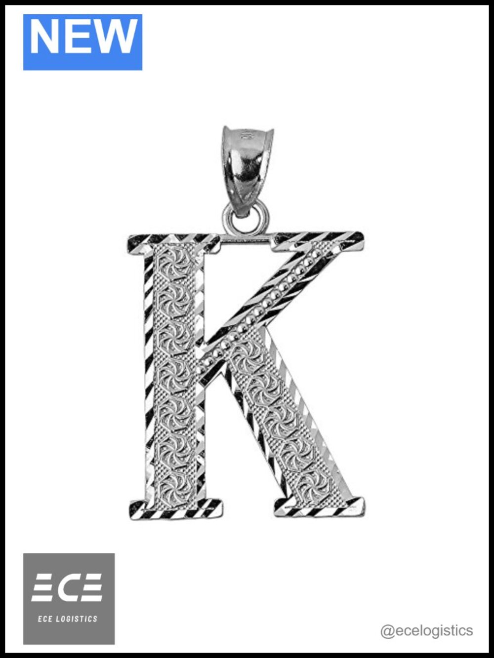 925 Sterling Silver Initial Letter K Charm Pendant 1.25"